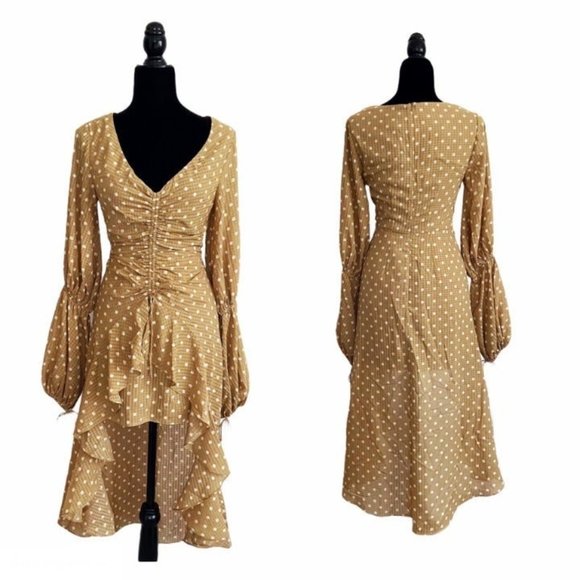 NWT Finders Keepers Rosie Tan Hi-Lo Polka Dot Ruffle Ruched Ruffle Dress S - Picture 1 of 11